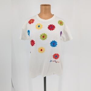 Vintage 90s Swan Magic Hand Embriodered Floral White T-Shirt Womens Size Small